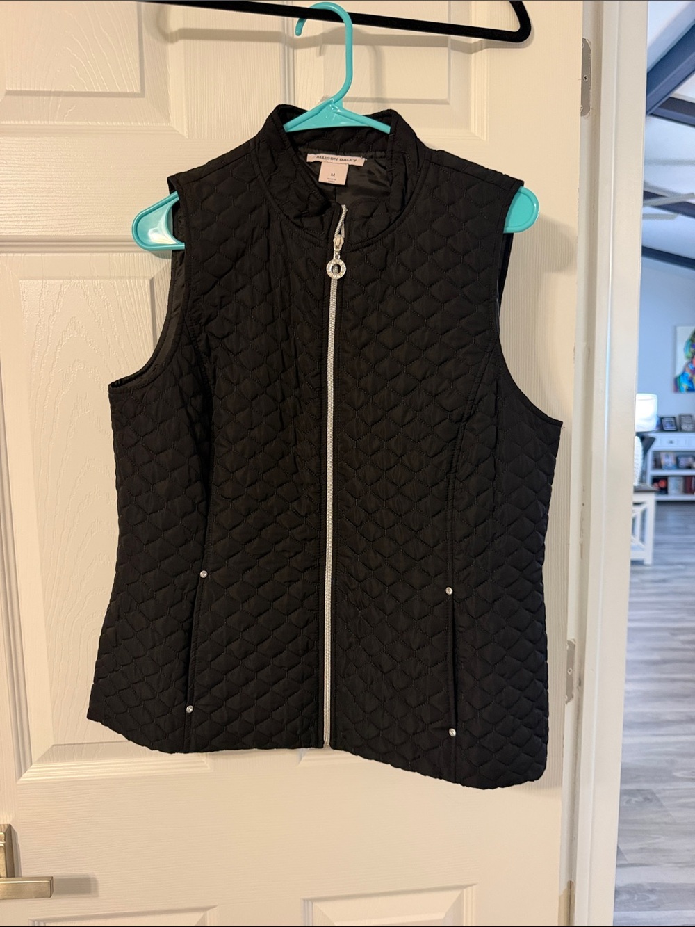 Allison Daley Black Quilted Sleeveless Vest with Silver Zip